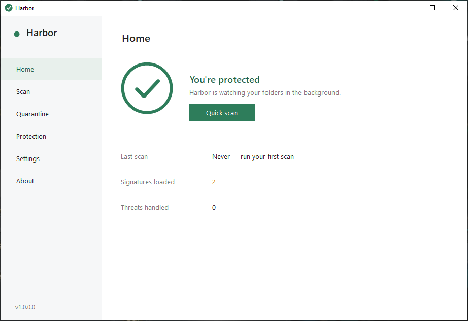 Harbor main window showing a green check mark and the text: You're protected