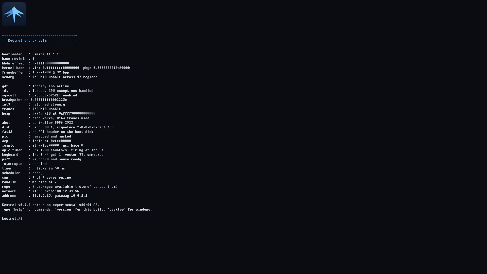 The Kestrel boot log, listing bootloader handoff, memory, CPU tables, disk, timer, scheduler, four cores online and the network address.