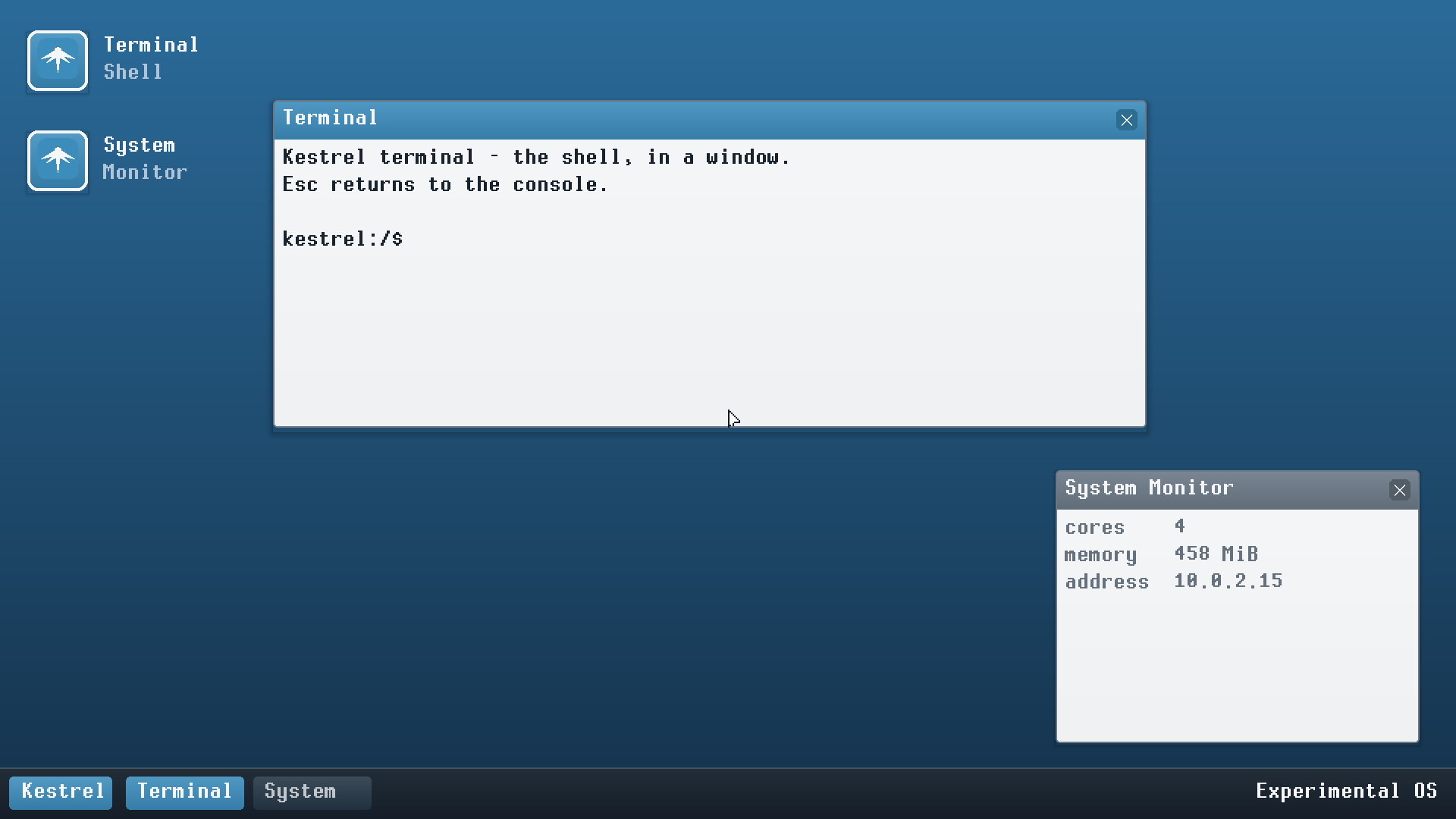 The Kestrel desktop: a Terminal window showing the output of ls and cpus, a System Monitor window, desktop shortcuts and a taskbar.