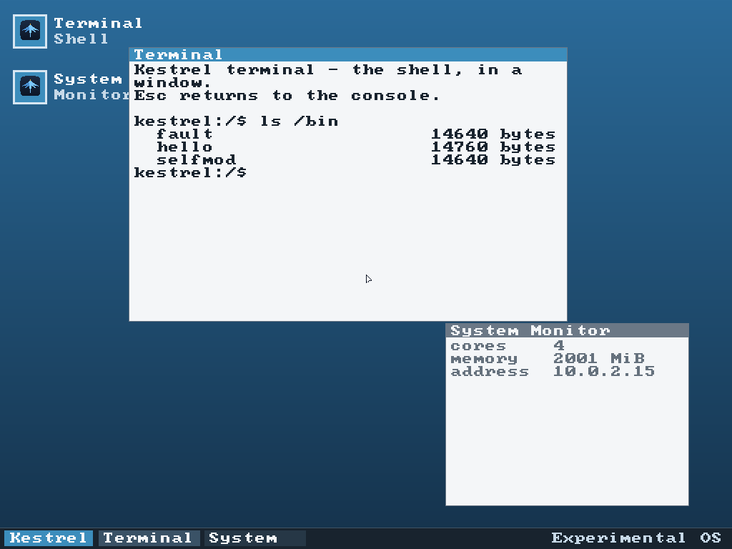 Kestrel's desktop running from the release ISO inside VirtualBox.